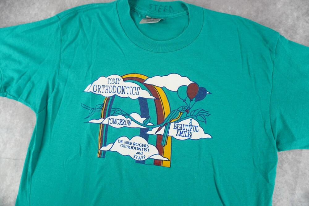Vintage Oneita Orthodontics Rainbow Graphic Tee Made in USA Size Large